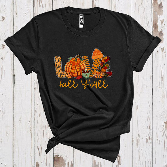 MacnyStore - Love Fall Y'All Leopard Plaid Pumpkin Fall Scarf Thanksgiving T-Shirt