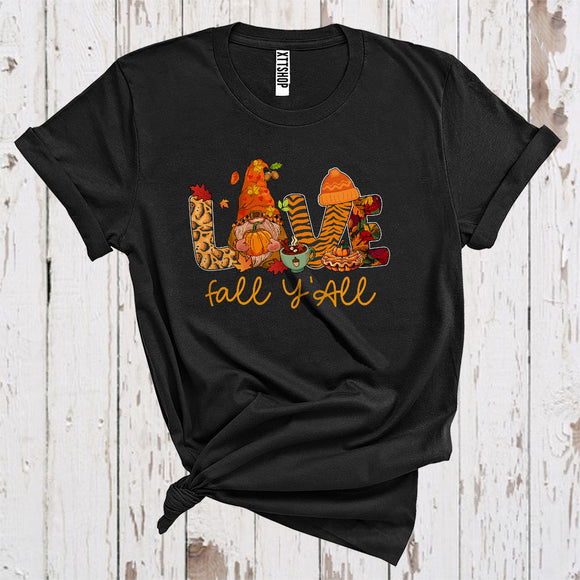 MacnyStore - Love Fall Y'All Leopard Print Fall Scarf Thanksgiving Gnome Holding Pumpkin T-Shirt