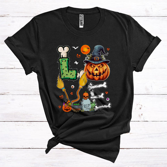 MacnyStore - Love Funny Scary Bones Broomsticks Halloween Costume Carved Pumpkin Witch T-Shirt