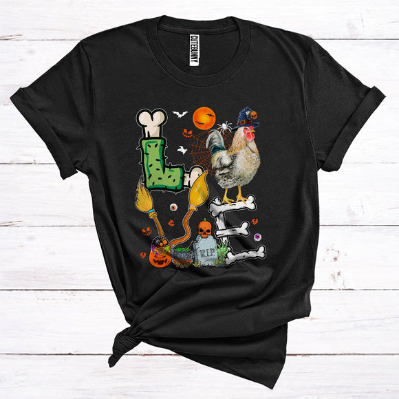 MacnyStore - Love Funny Scary Bones Broomsticks Halloween Costume Chicken Witch Farm Animal T-Shirt