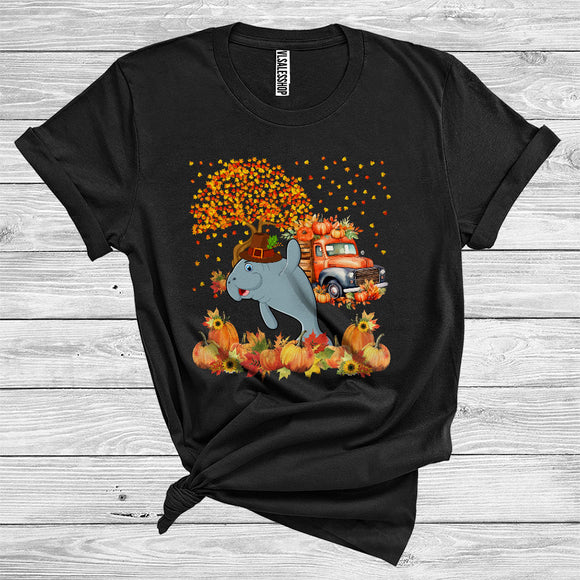 MacnyStore - Manatee Pilgrim Cute Thanksgiving Fall Tree Leaves Pumpkins On Pickup Truck Sea Animal Lover T-Shirt