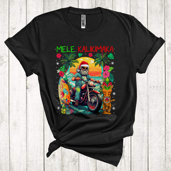 MacnyStore - Mele Kalikimaka Funny Christmas Santa Sunglasses Riding Motorcycle Hawaiian Lover T-Shirt