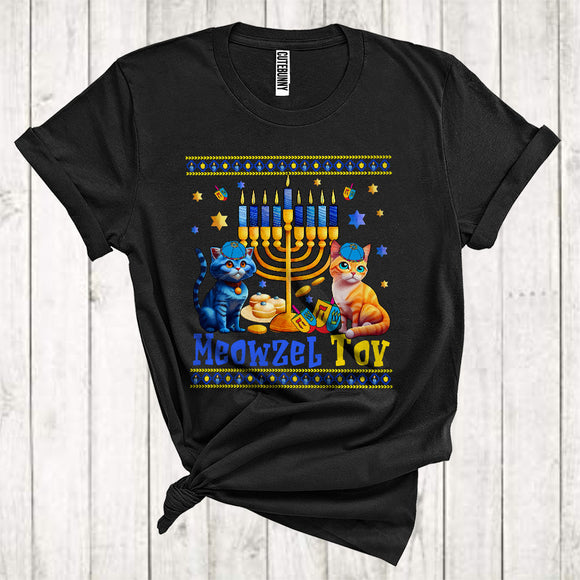 MacnyStore - Meowzel Tov Cool Hanukkah Chanukah Sweater Proud Jewish Menorah Yellow Blue Cats T-Shirt