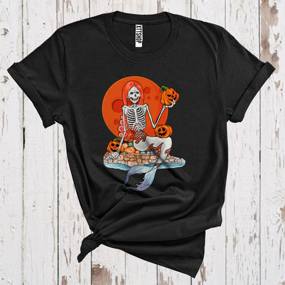 MacnyStore - Mermaid Skeleton With Carved Pumpkin Funny Halloween Costume T-Shirt