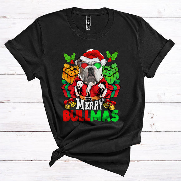 MacnyStore - Merry Bullmas Cute Sunglasses Bulldog Wearing Santa Costume Christmas T-Shirt
