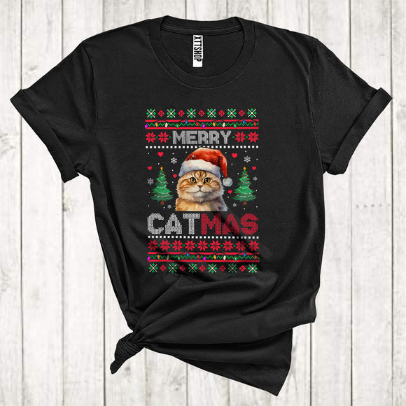 MacnyStore - Merry Cat Mas Funny Christmas Lights Sweater Cat Santa With Xmas Tree T-Shirt