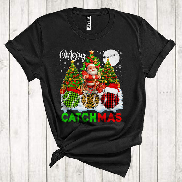 MacnyStore - Merry Catchmas Funny Christmas Lights Plaid Leopard Softball Baseball Catcher Team Player T-Shirt