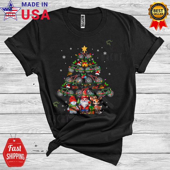 MacnyStore - Merry Christmas Cool Christmas Lights Dwarf Snowman Santa Reindeer ELF Bicycle Xmas Tree Lover T-Shirt