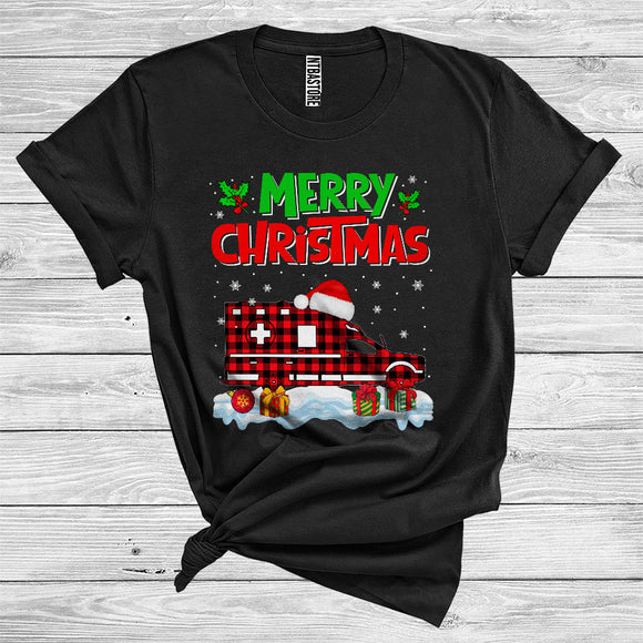 MacnyStore - Merry Christmas Cool Red Plaid Santa Ambulance Car Truck Lover Driver Group T-Shirt