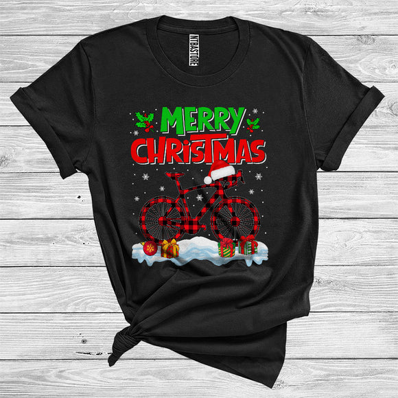 MacnyStore - Merry Christmas Cool Red Plaid Santa Bicycle Lover Riding Group T-Shirt