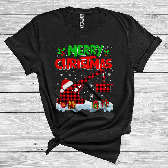 MacnyStore - Merry Christmas Cool Red Plaid Santa Crane Truck Car Lover Driver Group T-Shirt