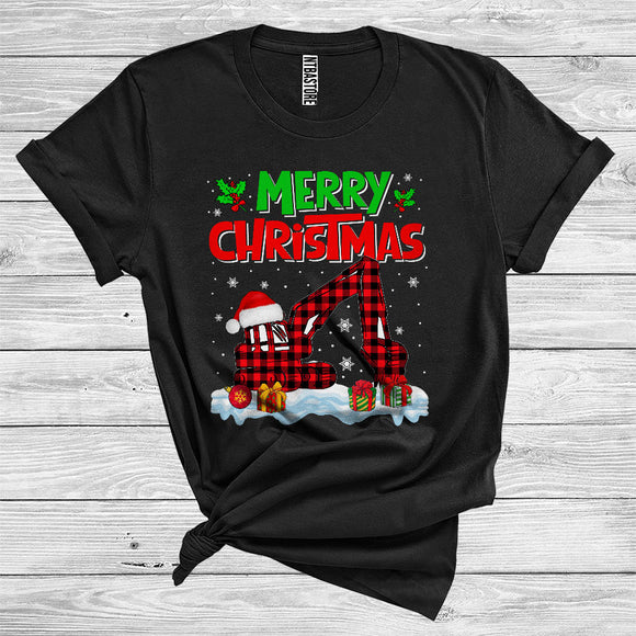 MacnyStore - Merry Christmas Cool Red Plaid Santa Excavator Car Truck Lover Driver Group T-Shirt