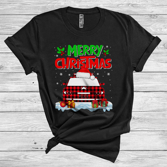 MacnyStore - Merry Christmas Cool Red Plaid Santa Police Car Lover Driver Group T-Shirt
