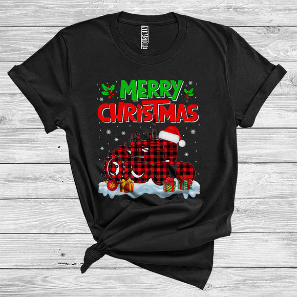 MacnyStore - Merry Christmas Cool Red Plaid Santa Tractor Car Truck Lover Farmer Group T-Shirt