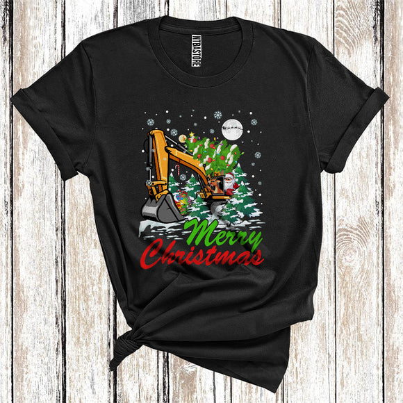 MacnyStore - Merry Christmas Cool Xmas Tree Santa Reindeer Riding Excavator Driver Lover T-Shirt