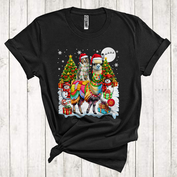 MacnyStore - Merry Christmas Cute Xmas Tree Santa Australian Shepherd Riding Llama Snowman T-Shirt