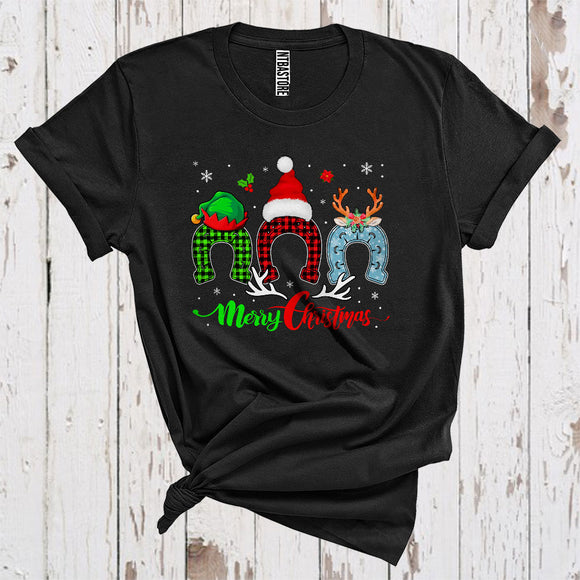 MacnyStore - Merry Christmas Cute Red Green Plaid Three Elf Santa Reindeer Horseshoes Riding Horse Lover T-Shirt