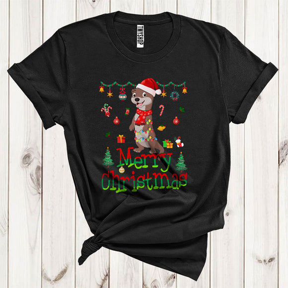 MacnyStore - Merry Christmas Cute Santa Otter Wearing Fall Scarf Xmas Lights Animal Lover T-Shirt