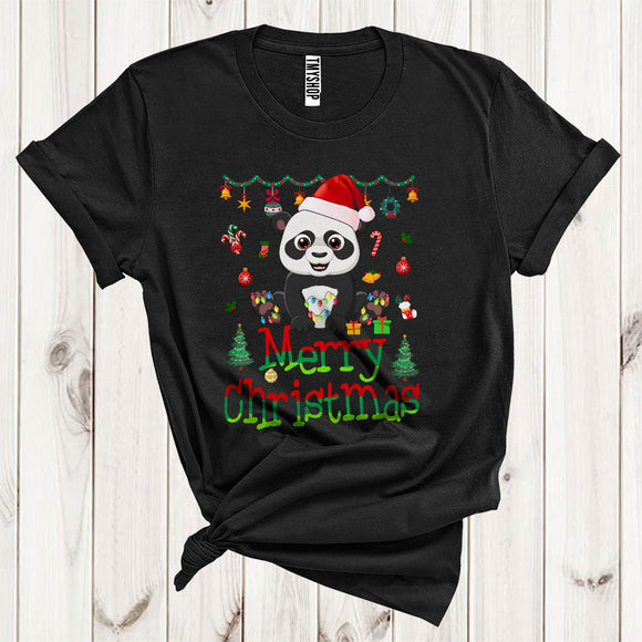 MacnyStore - Merry Christmas Cute Santa Panda Wearing Fall Scarf Xmas Lights Zoo Animal Lover T-Shirt
