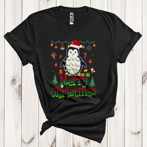 MacnyStore - Merry Christmas Cute Santa Penguin Wearing Fall Scarf Xmas Lights Sea Animal Lover T-Shirt
