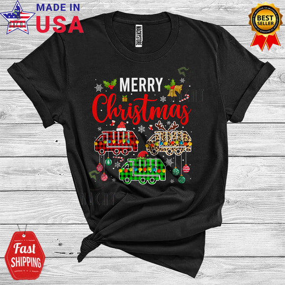 MacnyStore - Merry Christmas Cute Santa Reindeer Elf Three Garbage Colorful Plaid Truck Lover T-Shirt