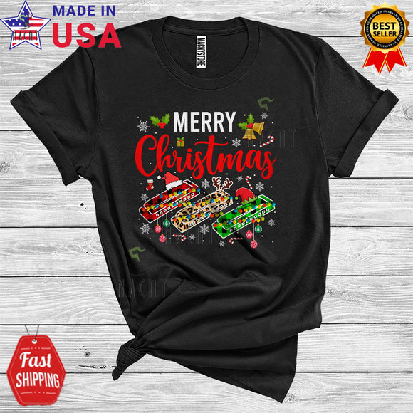 MacnyStore - Merry Christmas Cute Santa Reindeer Elf Three Harmonica Colorful Plaid Musical Instruments Lover T-Shirt