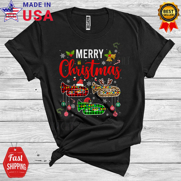 MacnyStore - Merry Christmas Cute Santa Reindeer Elf Three Tuba Colorful Plaid Musical Instruments Lover T-Shirt