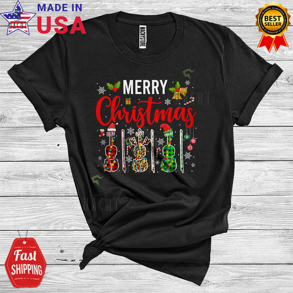 MacnyStore - Merry Christmas Cute Santa Reindeer Elf Three Violin Colorful Plaid Musical Instruments Lover T-Shirt