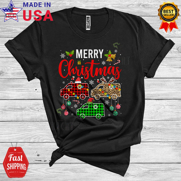 MacnyStore - Merry Christmas Cute Xmas Light Santa Reindeer Elf Three Ambulance Colorful Plaid T-Shirt