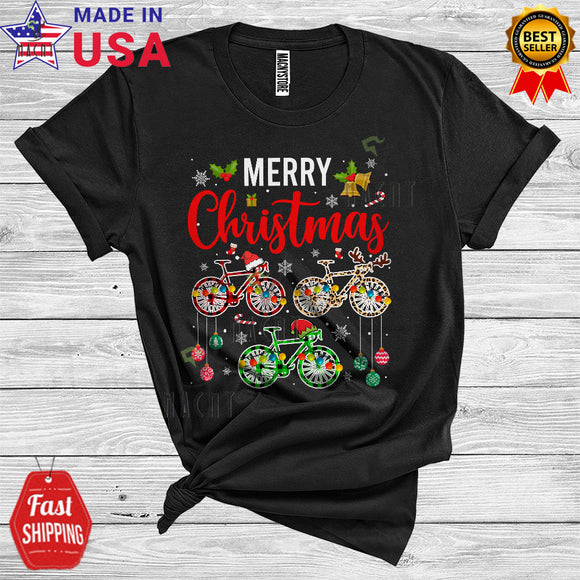 MacnyStore - Merry Christmas Cute Xmas Light Santa Reindeer Elf Three Bicycle Colorful Plaid T-Shirt