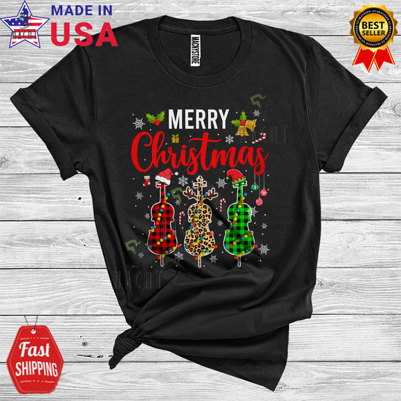 MacnyStore - Merry Christmas Cute Xmas Light Santa Reindeer Elf Three Cello Colorful Plaid Musical Instruments Lover T-Shirt