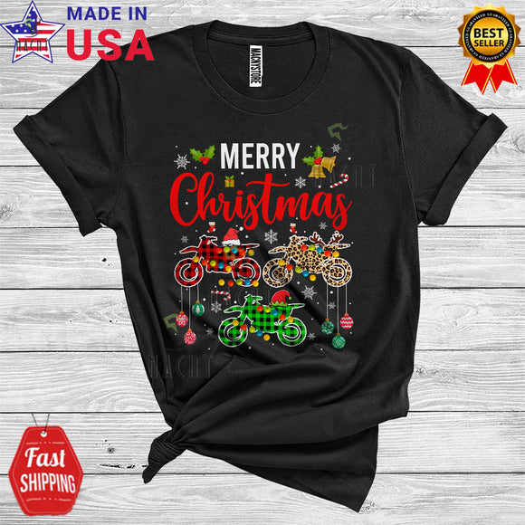 MacnyStore - Merry Christmas Cute Xmas Light Santa Reindeer Elf Three Dirt Bike Colorful Plaid T-Shirt