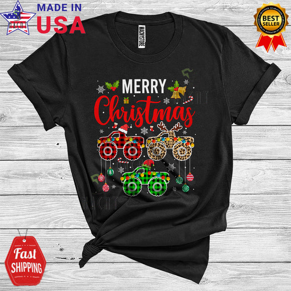 MacnyStore - Merry Christmas Cute Xmas Light Santa Reindeer Elf Three Monster Trucks Colorful Plaid T-Shirt