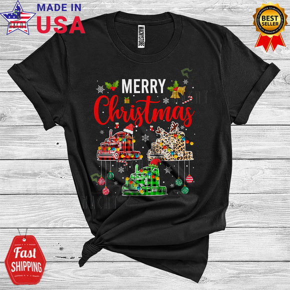 MacnyStore - Merry Christmas Cute Xmas Light Santa Reindeer Elf Three Truck Colorful Plaid T-Shirt