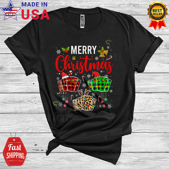 MacnyStore - Merry Christmas Cute Xmas Santa Reindeer Elf Three Accordion Colorful Plaid Musical Instruments Lover T-Shirt