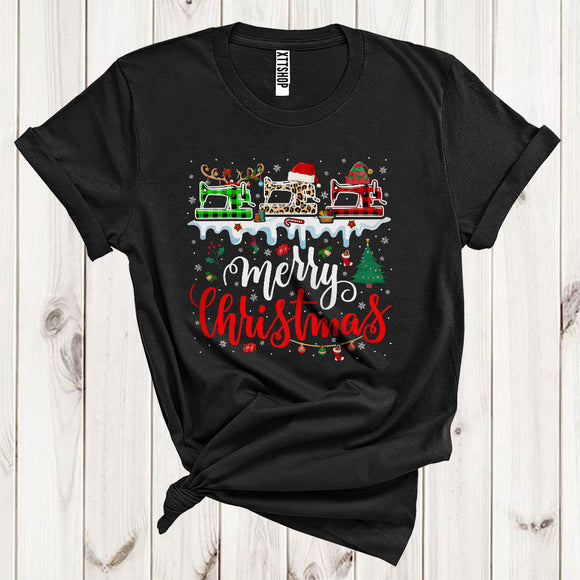 MacnyStore - Merry Christmas Three Santa Elf Reindeer Sewing Machine Funny Xmas Tree Tailor Group T-Shirt