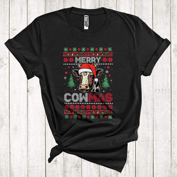 MacnyStore - Merry Cowmas Funny Christmas Lights Sweater Cow Santa With Xmas Tree T-Shirt