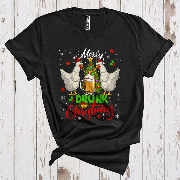 MacnyStore - Merry Drunk Christmas Funny Two Santa Chicken Drinking Beer Farm Animal Lover T-Shirt
