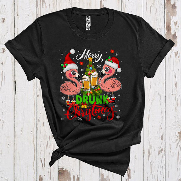 MacnyStore - Merry Drunk Christmas Funny Two Santa Flamingo Drinking Beer Bird Animal Lover T-Shirt