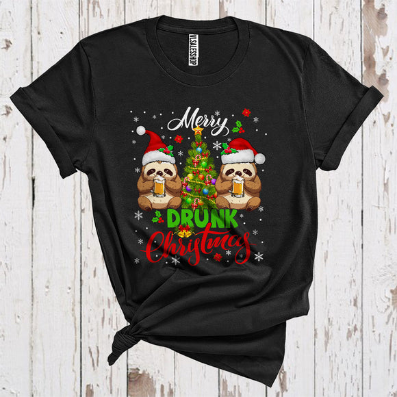 MacnyStore - Merry Drunk Christmas Funny Two Santa Sloth Drinking Beer Zoo Animal Lover T-Shirt
