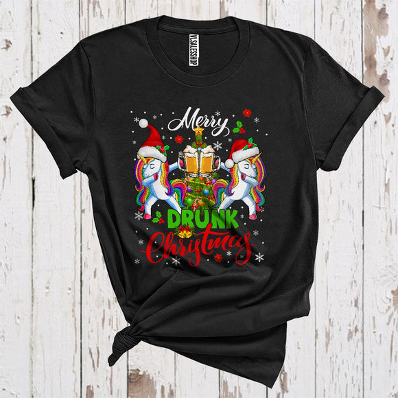 MacnyStore - Merry Drunk Christmas Funny Two Santa Unicorn Drinking Beer Magical Animal Lover T-Shirt
