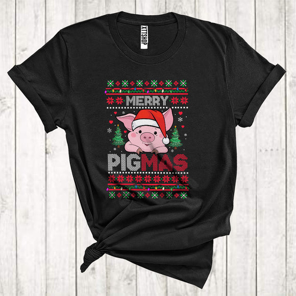 MacnyStore - Merry Pigmas Funny Christmas Lights Sweater Pig Santa With Xmas Tree T-Shirt