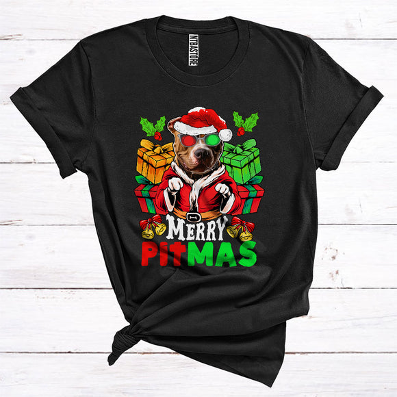 MacnyStore - Merry Pitmas Cute Sunglasses Pitbull Wearing Santa Costume Christmas T-Shirt