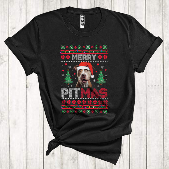 MacnyStore - Merry Pitmas Funny Christmas Lights Sweater Pitbull Santa With Xmas Tree T-Shirt
