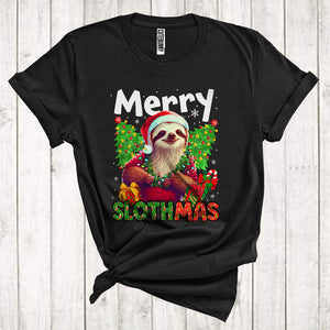 MacnyStore - Merry Slothmas Funny Sloth Wearing Santa Costume Christmas Trees Zoo Animal Lover T-Shirt