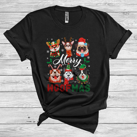 MacnyStore - Merry Woof Xmas Funny Christmas Sweater Puppy Wearing Santa Reindeer Elf Costume T-Shirt
