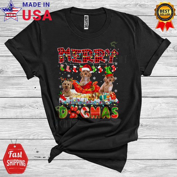 MacnyStore - Merry Xmas Dog Funny Christmas Lights Three Santa ELF Reindeer Cockapoo Lover T-Shirt