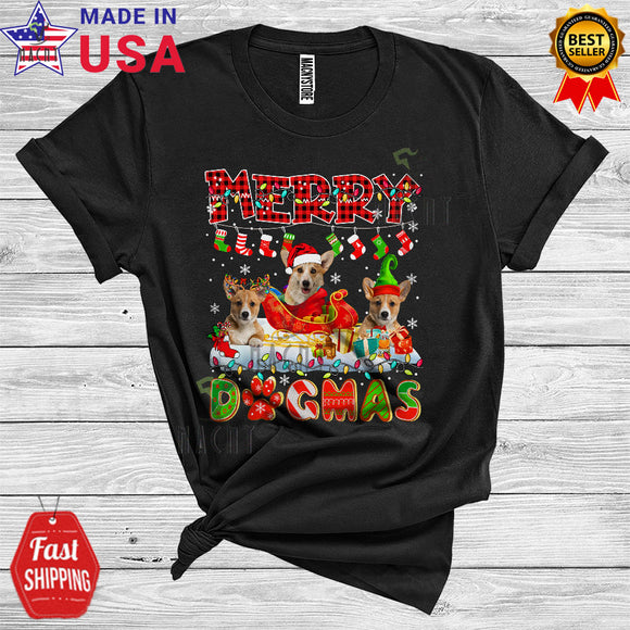 MacnyStore - Merry Xmas Dog Funny Christmas Lights Three Santa ELF Reindeer Corgi Lover T-Shirt
