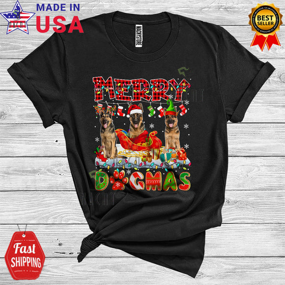 MacnyStore - Merry Xmas Dog Funny Christmas Lights Three Santa ELF Reindeer German Shepherd Lover T-Shirt