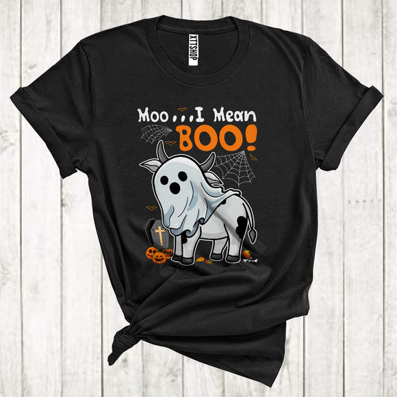 MacnyStore - Moo I Mean Boo Funny Halloween Costume Cow Wearing Ghost Boo Costume Farmer Lover T-Shirt